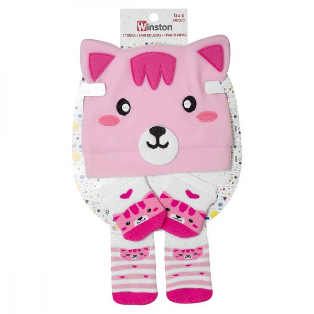 KIT TOUCA LUVA E MEIA PARA BEBÊ MENINA URSINHA ROSA CLARO