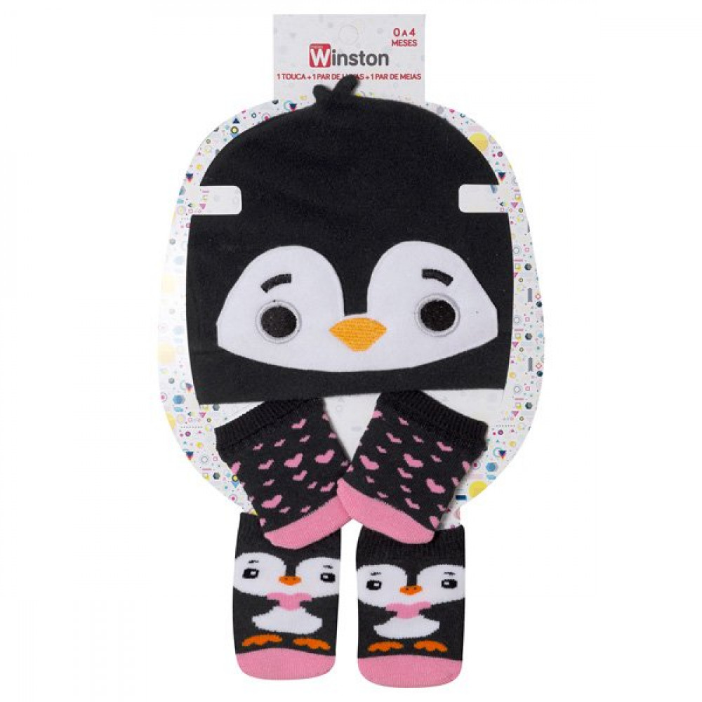 KIT TOUCA LUVA E MEIA PARA BEBÊ MENINA PINGUIM PRETO