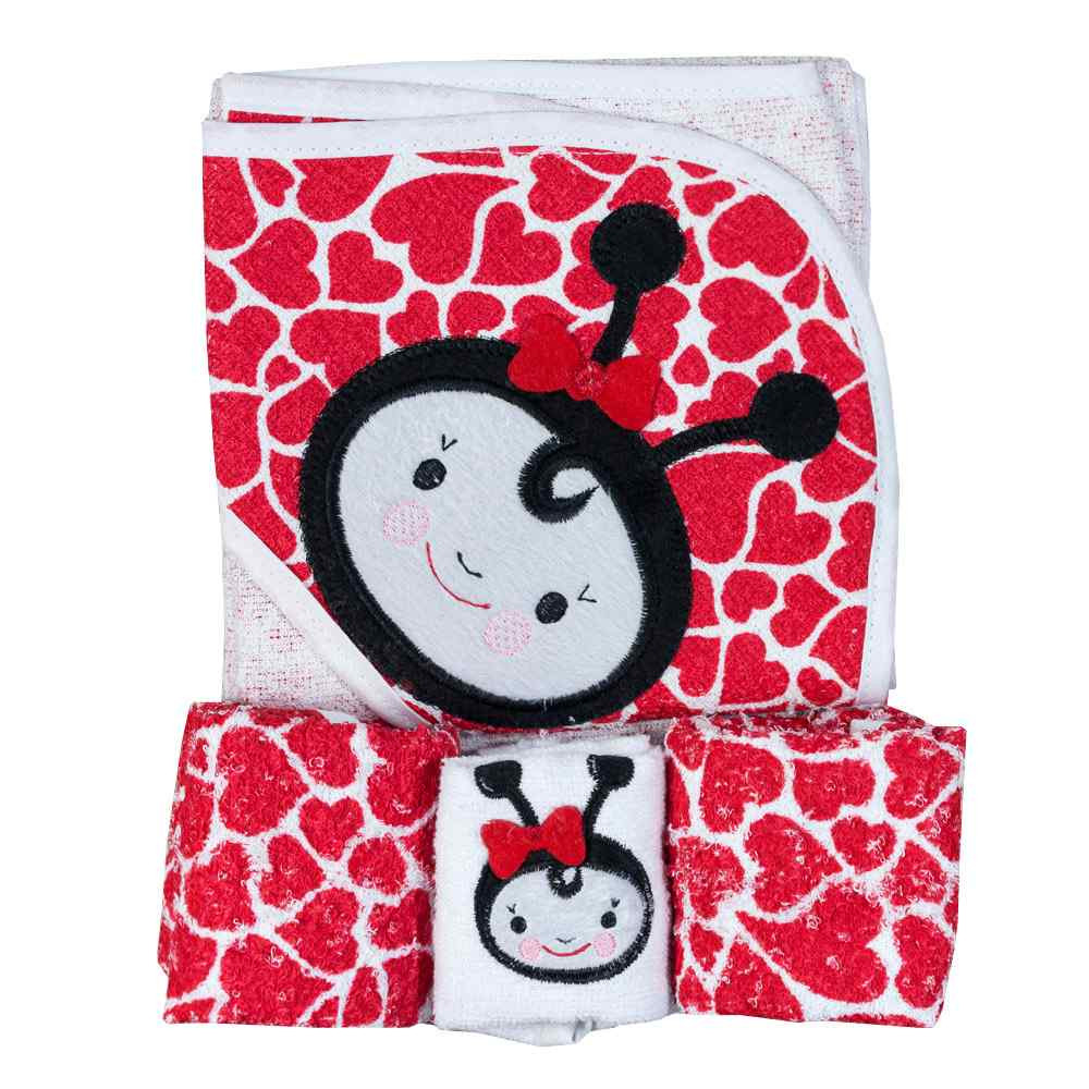 KIT BANHO 4 PEÇAS TOALHA E PANO DE BOCA BORDADO JOANINHA VERMELHO
