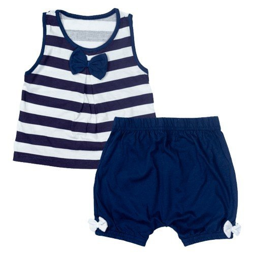 CONJUNTO CURTO BLUSA E SHORT PARA BEBÊ LISTRAS E LAÇO MARINHO