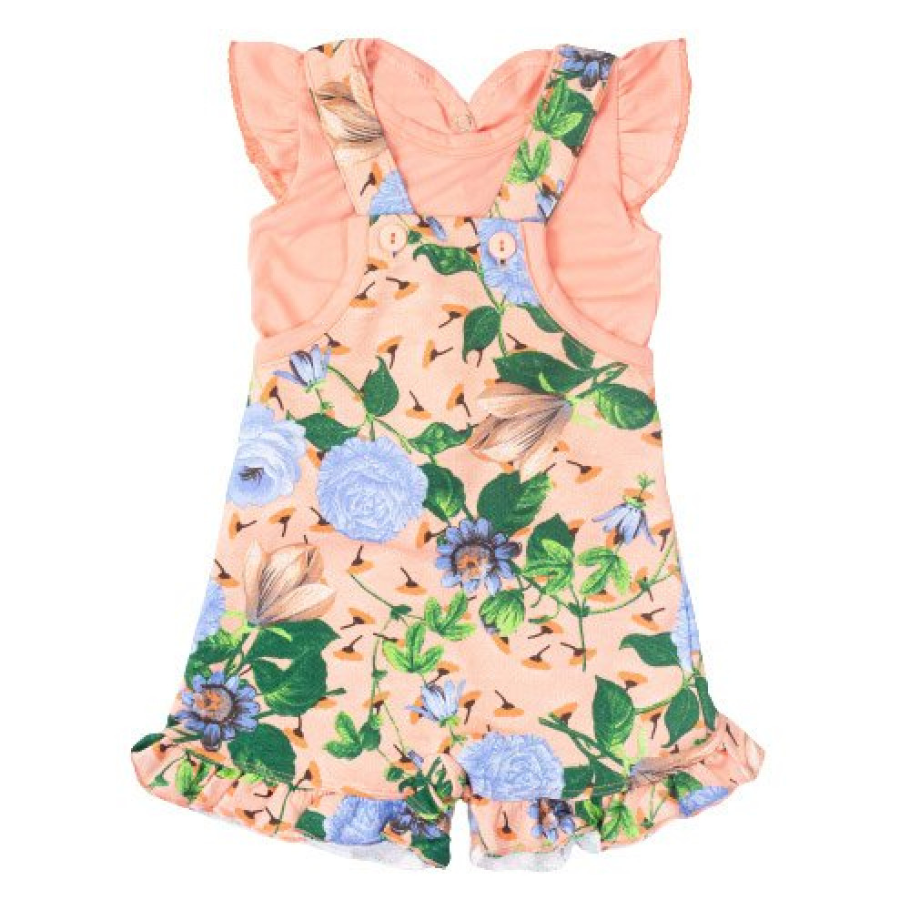 JARDINEIRA CURTA E BLUSA PARA BEBÊ ESTAMPADINHA FLORES SALMÃO