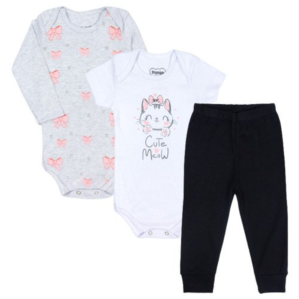 KIT BODY 3 PEÇAS COM CALÇA PARA BEBÊ ESTAMPADINHO GATINHA