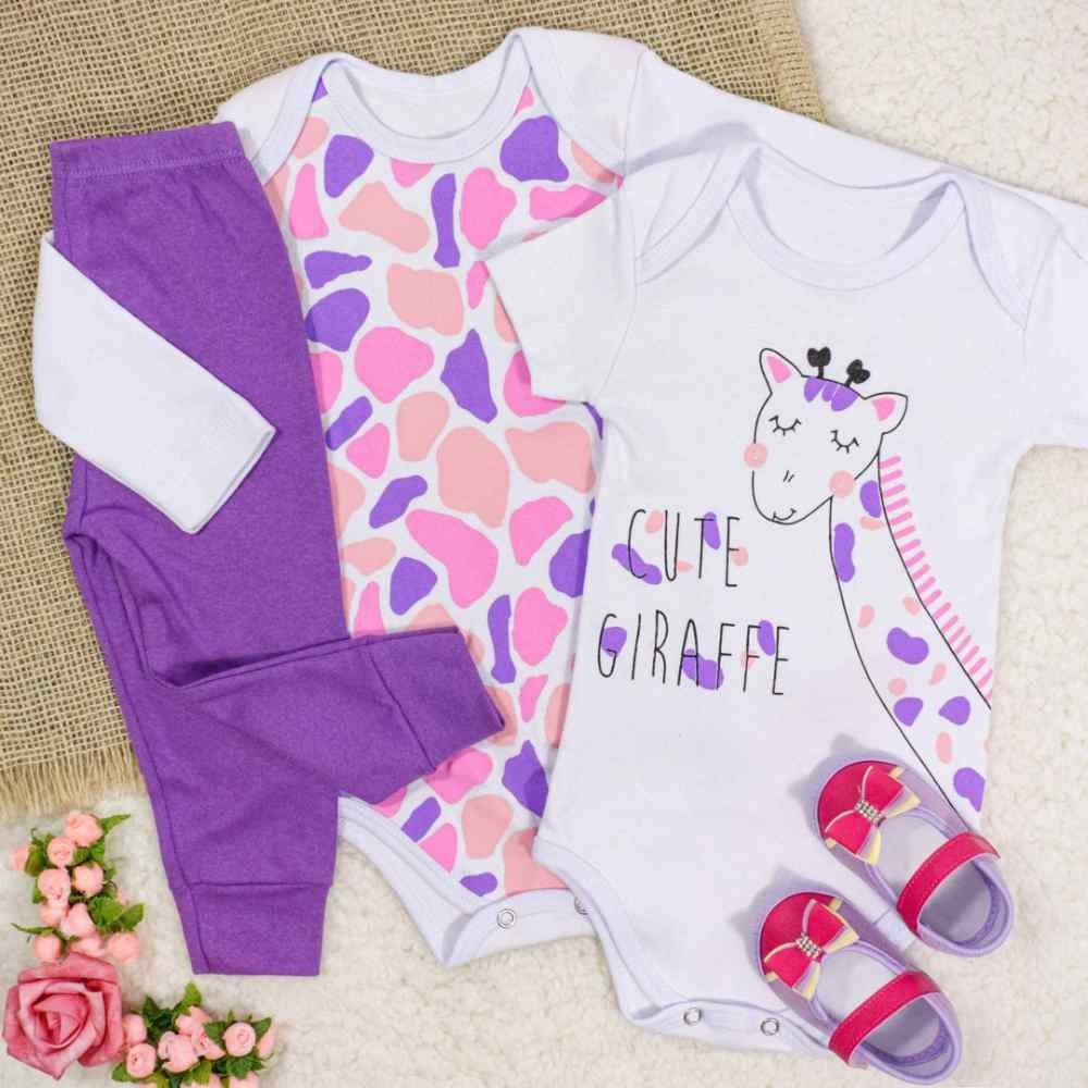 KIT BODY 3 PEÇAS COM CALÇA PARA BEBÊ ESTAMPADINHO GIRAFINHA