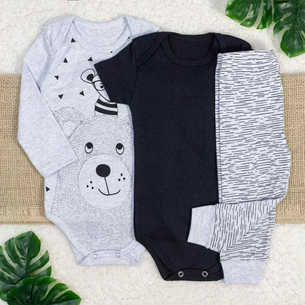 KIT BODY 3 PEÇAS COM CALÇA PARA BEBÊ ESTAMPADINHO BICHINHOS