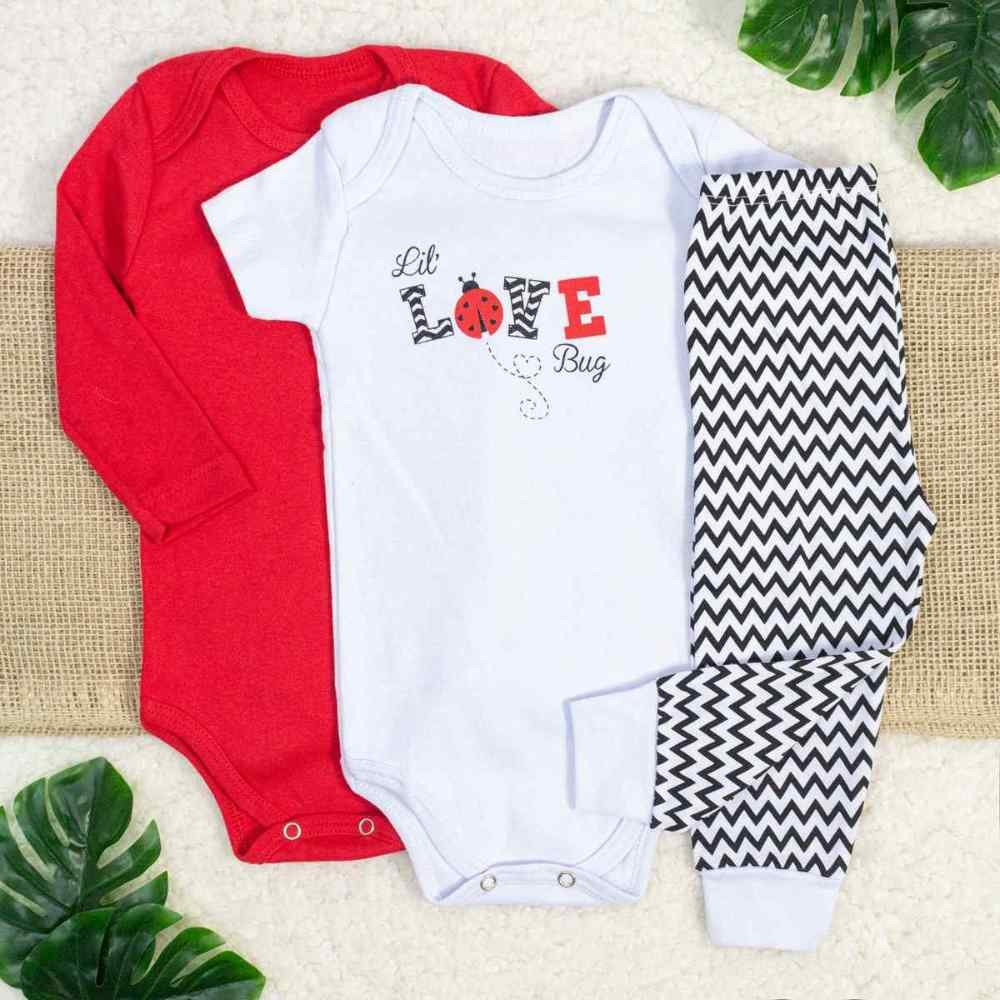 KIT BODY 3 PEÇAS COM CALÇA PARA BEBÊ ESTAMPADINHO LOVE