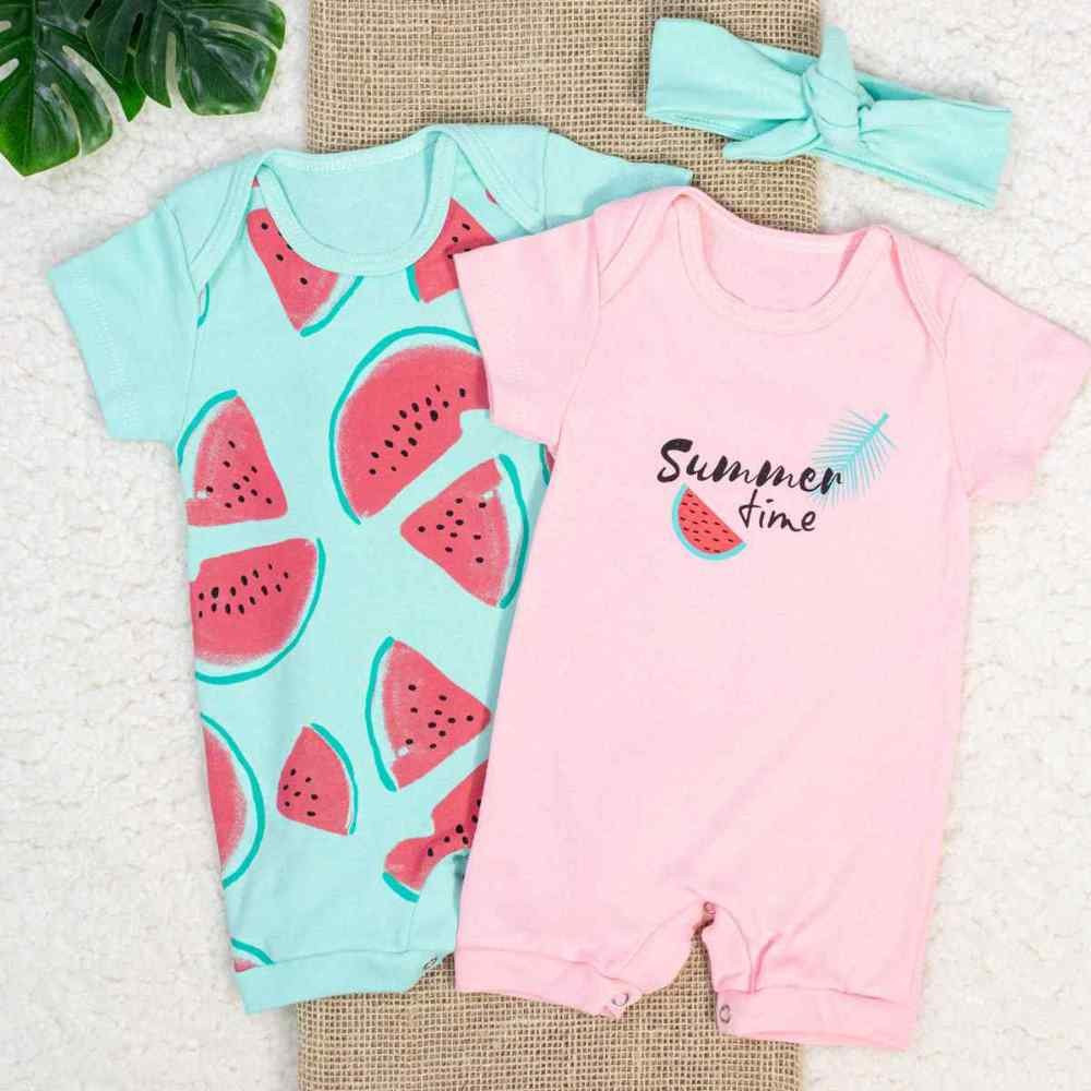 KIT MACACÃO CURTO 3 PEÇAS COM FAIXA PARA BEBÊ ESTAMPADINHO MELANCIA