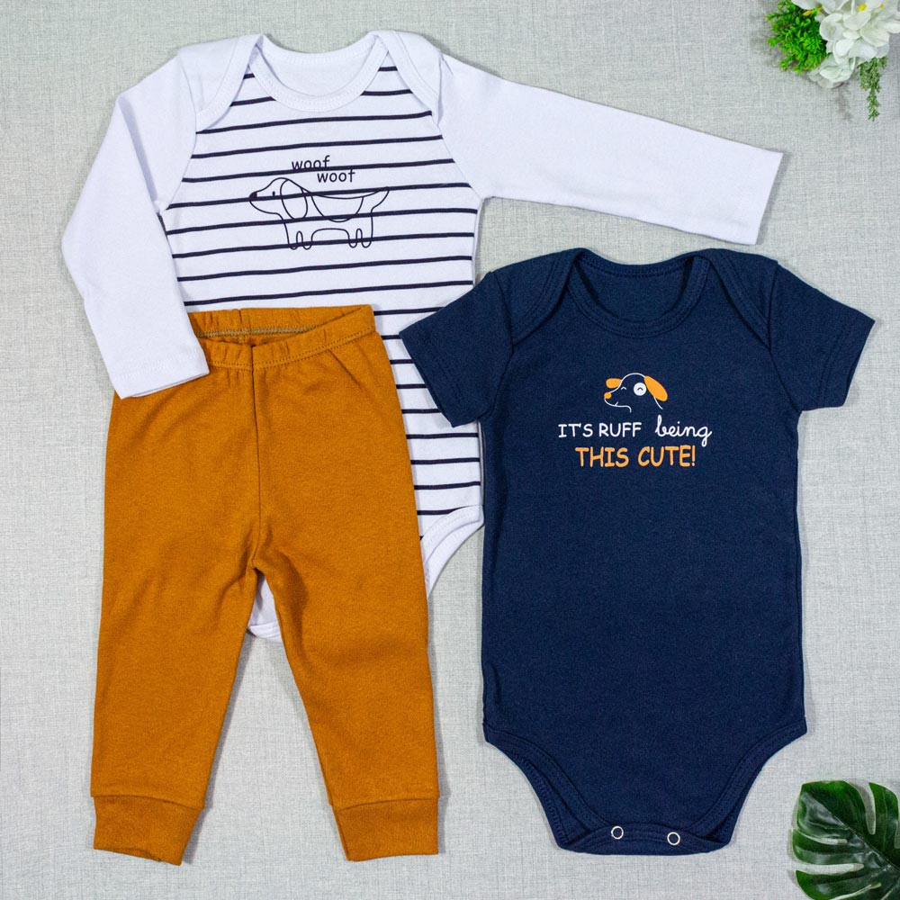 KIT BODY 3 PEÇAS COM CALÇA PARA BEBÊ ESTAMPA DOG WOOF