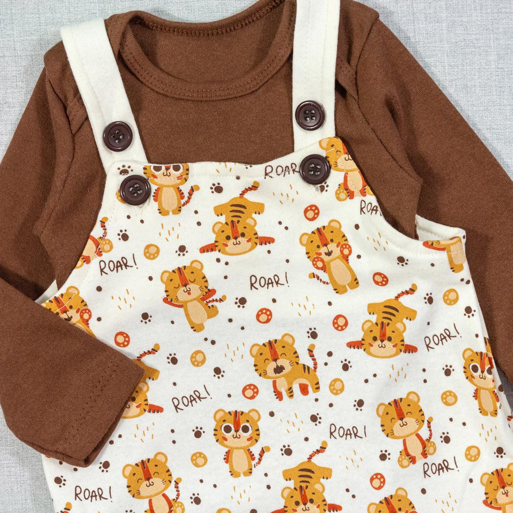 JARDINEIRA PARA BEBÊ COM BODY LONGO ESTAMPA TIGRE CREME