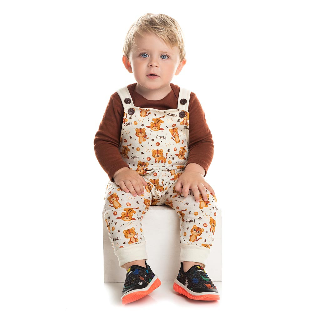 JARDINEIRA PARA BEBÊ COM BODY LONGO ESTAMPA TIGRE CREME