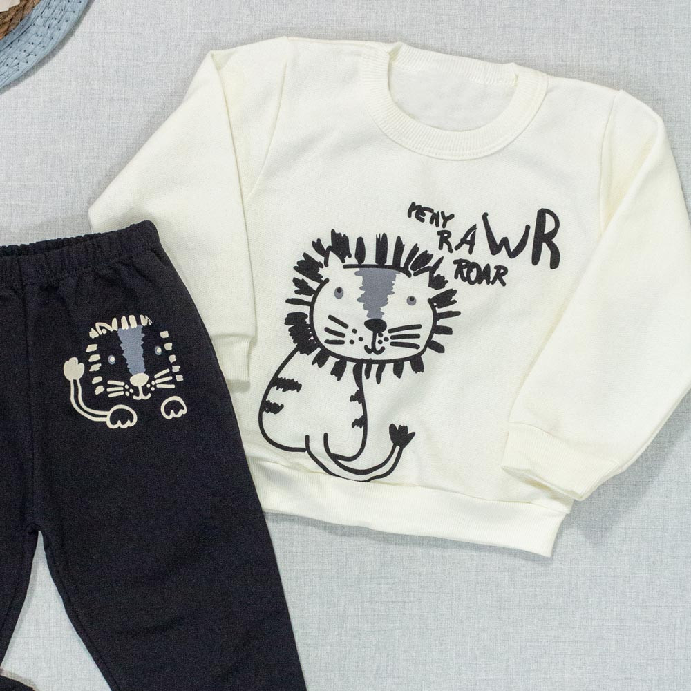 Conjunto de Moletom Infantil 1 ao 3 Tigre Creme com Preto