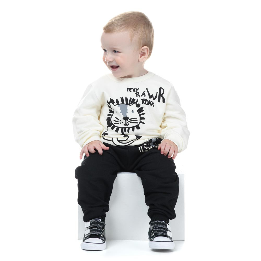 Conjunto de Moletom Infantil 1 ao 3 Tigre Creme com Preto