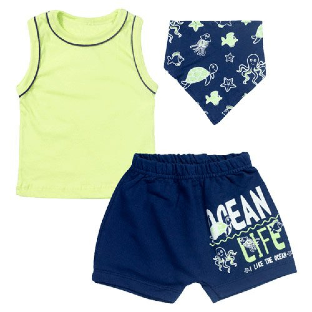 CONJUNTO CURTO REGATA, BERMUDA E BANDANA PARA BEBÊ ESTAMPA OCEAN VERDE CLARO