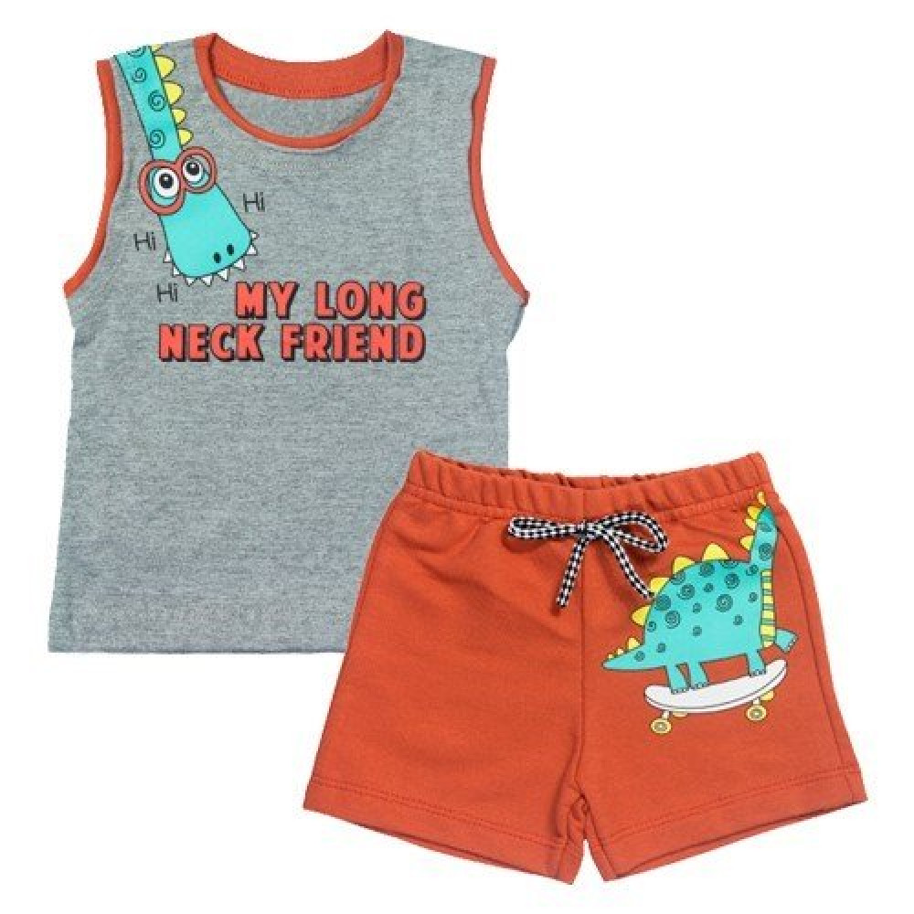 CONJUNTO CURTO REGATA E BERMUDA PARA BEBÊ ESTAMPA DINO MESCLA