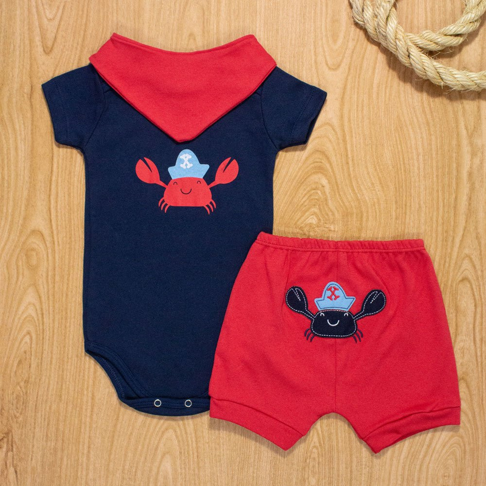 CONJUNTO PARA BEBÊ BODY SHORTS E BANDANA BORDADINHO CARANGUEJO MARINHO