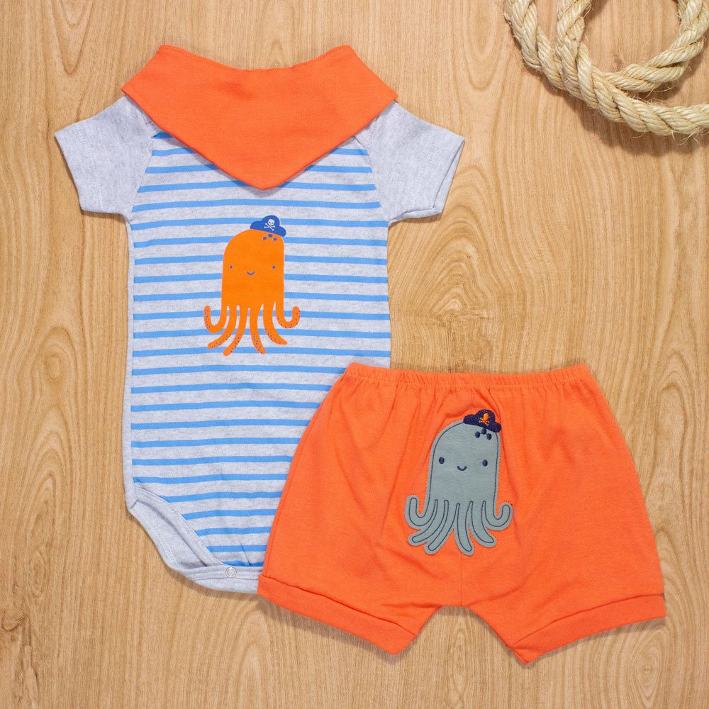 CONJUNTO PARA BEBÊ BODY SHORTS E BANDANA BORDADINHO POLVO MESCLA