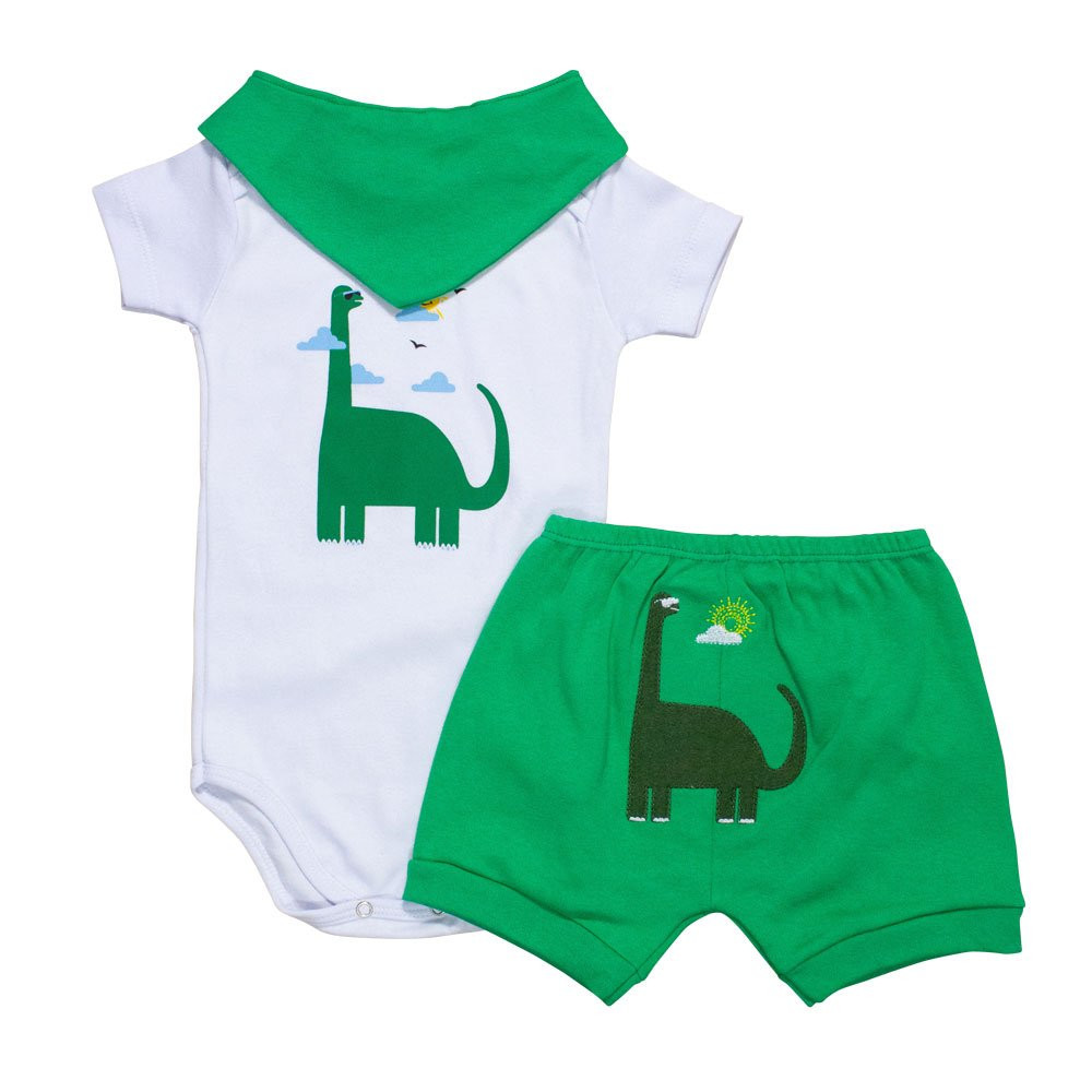 CONJUNTO PARA BEBÊ BODY SHORTS E BANDANA BORDADINHO DINO VERDE BRANCO