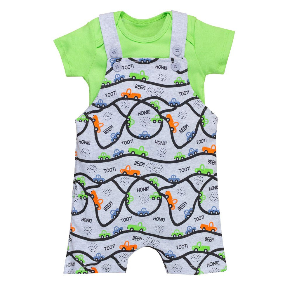 JARDINEIRA PARA BEBÊ COM BODY CURTO ESTAMPADINHA CARRINHO MESCLA