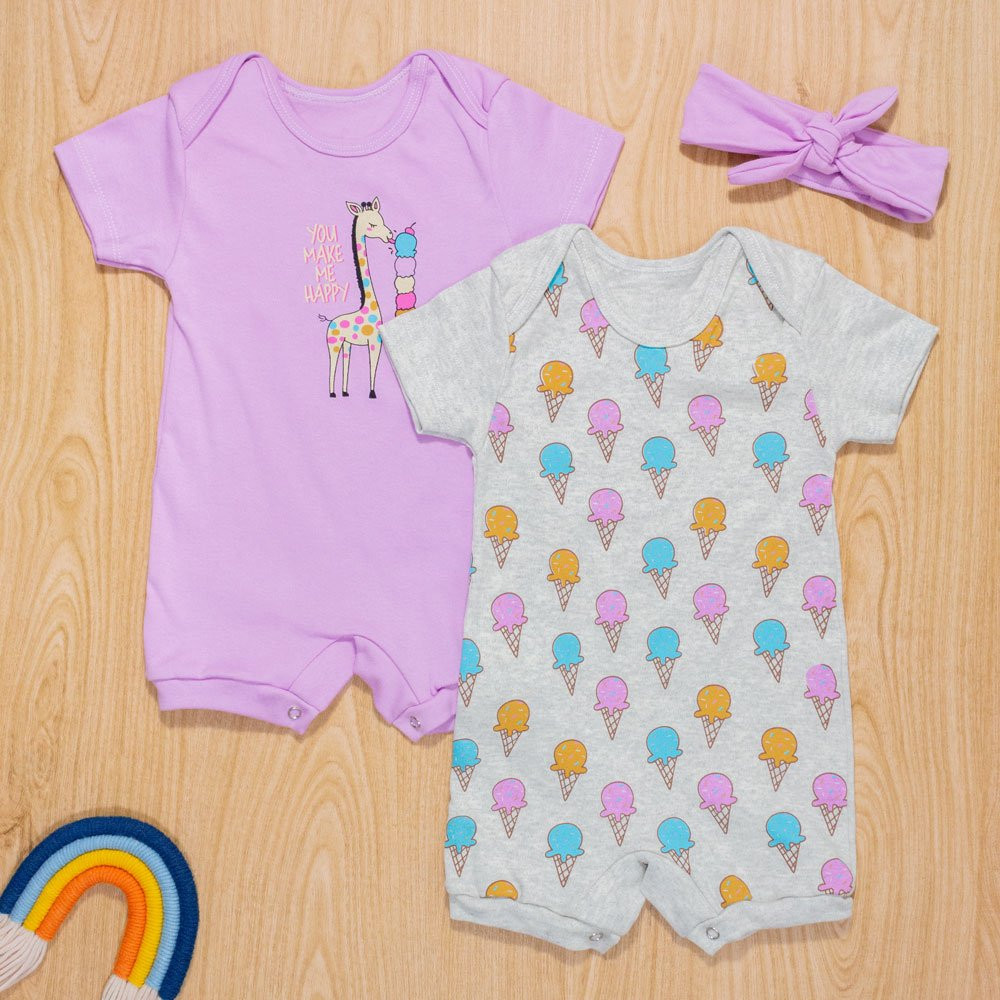 KIT MACACÃO PARA BEBÊ COM FAIXA 3 PEÇAS SORVETE GIRAFA