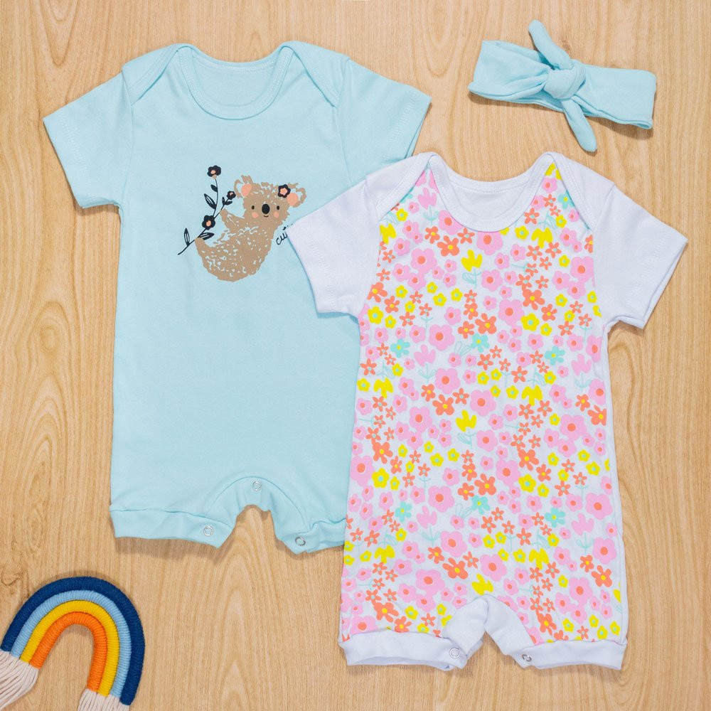 KIT MACACÃO PARA BEBÊ COM FAIXA 3 PEÇAS FLORZINHAS COALA