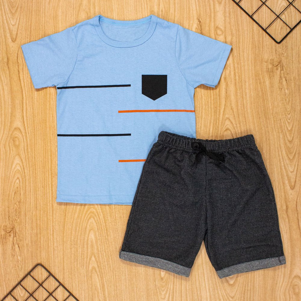 CONJUNTO INFANTIL 2 AO 10 CURTO 100% ALGODÃO BOLSINHO AZUL CLARO
