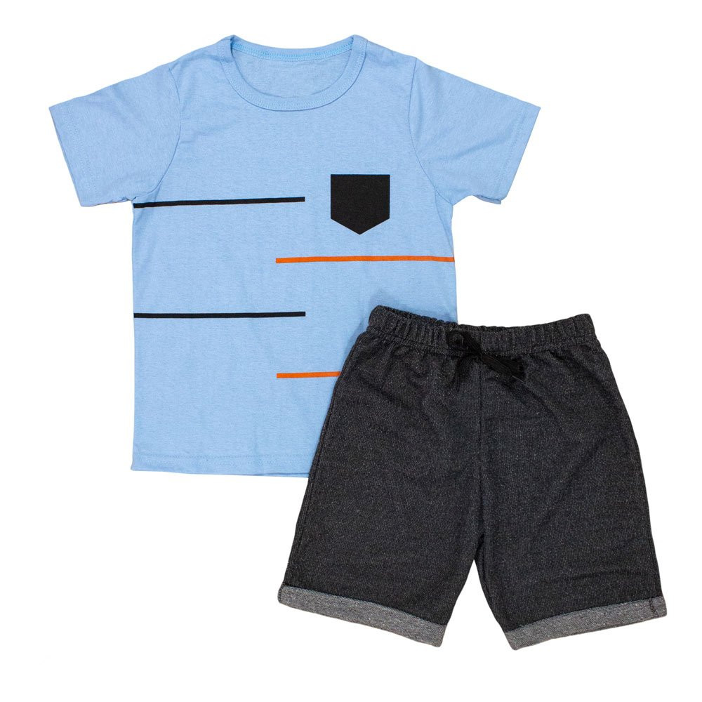 CONJUNTO INFANTIL 2 AO 10 CURTO 100% ALGODÃO BOLSINHO AZUL CLARO