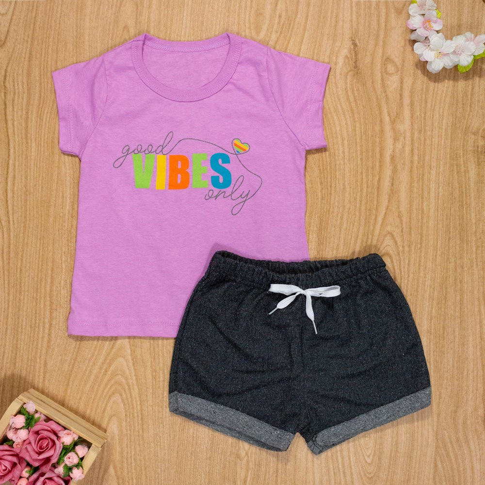 CONJUNTO INFANTIL 2 AO 10 CURTO 100% ALGODÃO GOOD VIBES LILÁS