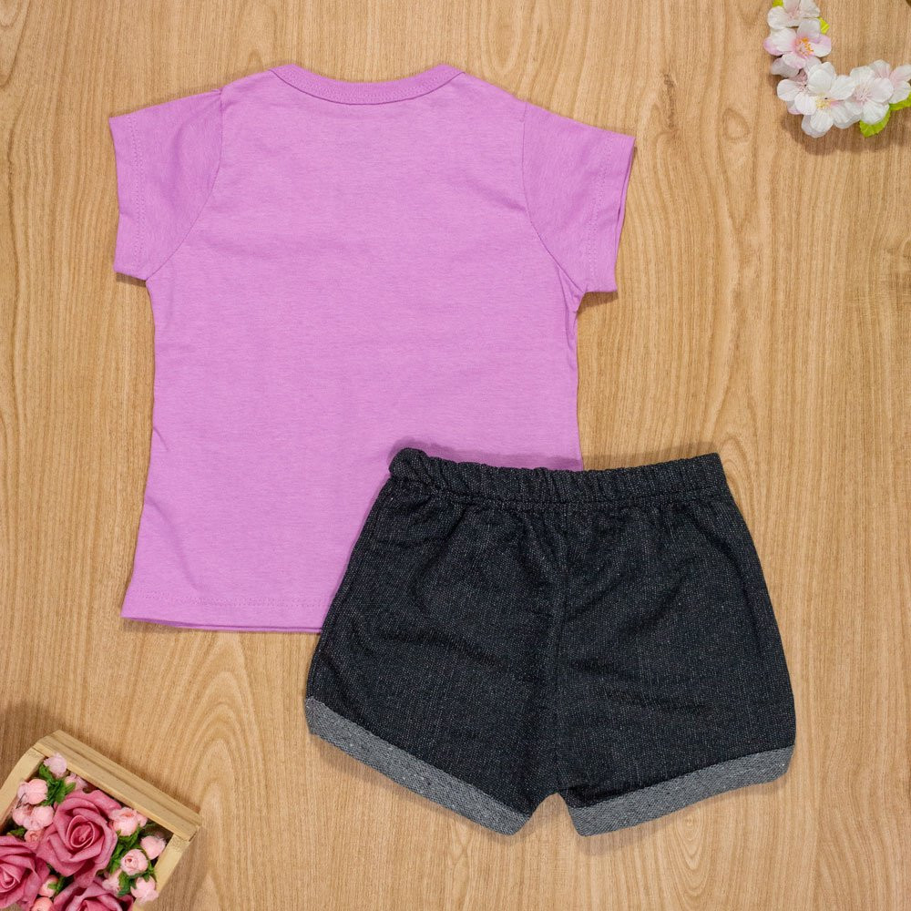 CONJUNTO INFANTIL 2 AO 10 CURTO 100% ALGODÃO GOOD VIBES LILÁS