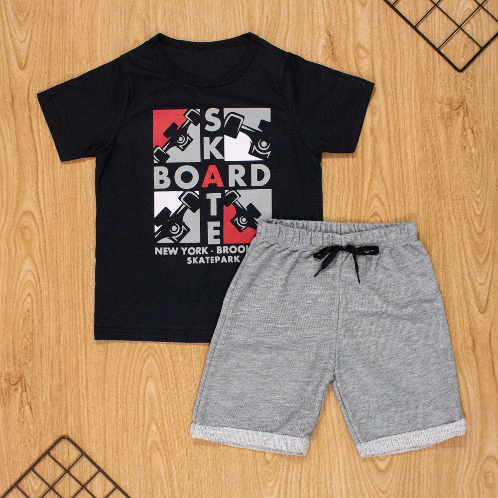 CONJUNTO INFANTIL 2 AO 10 CURTO 100% ALGODÃO SKATE BOARD PRETO