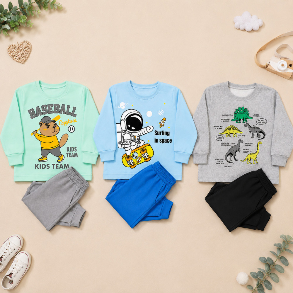 Kit 2 Conjuntos de Moletom Menino Blusa Gola Careca e Calça - 01 até 03 anos