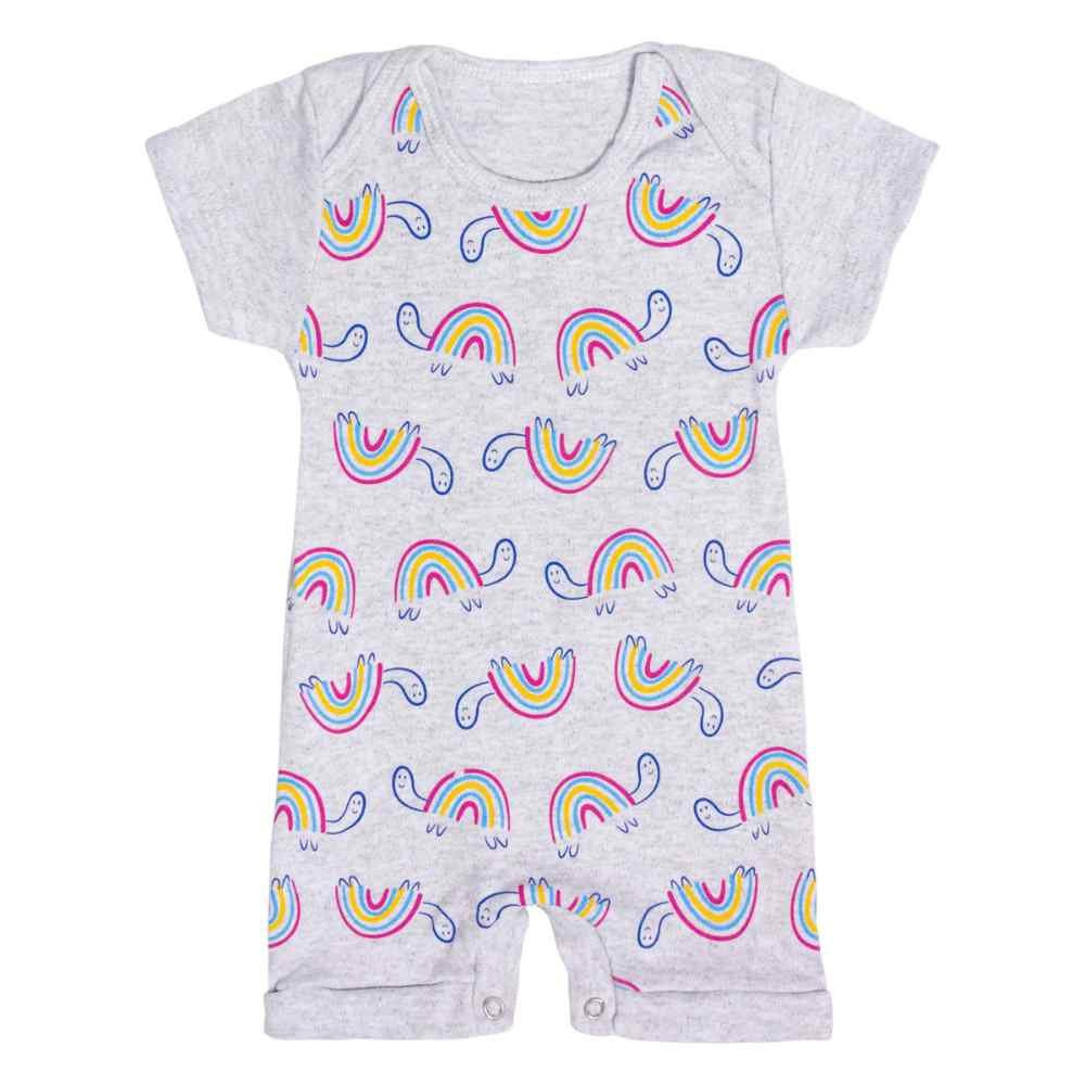 KIT MACACÃO CURTO 3 PEÇAS COM FAIXA PARA BEBÊ ESTAMPADINHO ARCO-ÍRIS