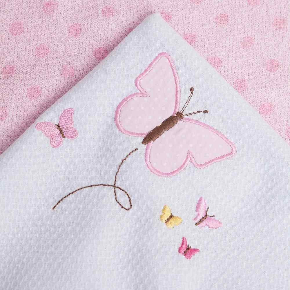 TOALHA DE BANHO ESTAMPADA FELPUDA PARA BEBÊ CAPUZ BORDADO BORBOLETINHA ROSA CLARO