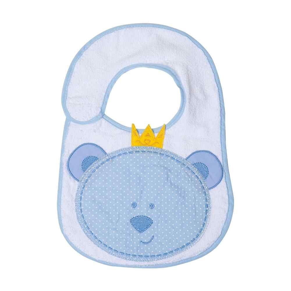 BABADOR FELPUDO FORRO PVC PARA BEBÊ BORDADINHO REI URSO AZUL CLARO