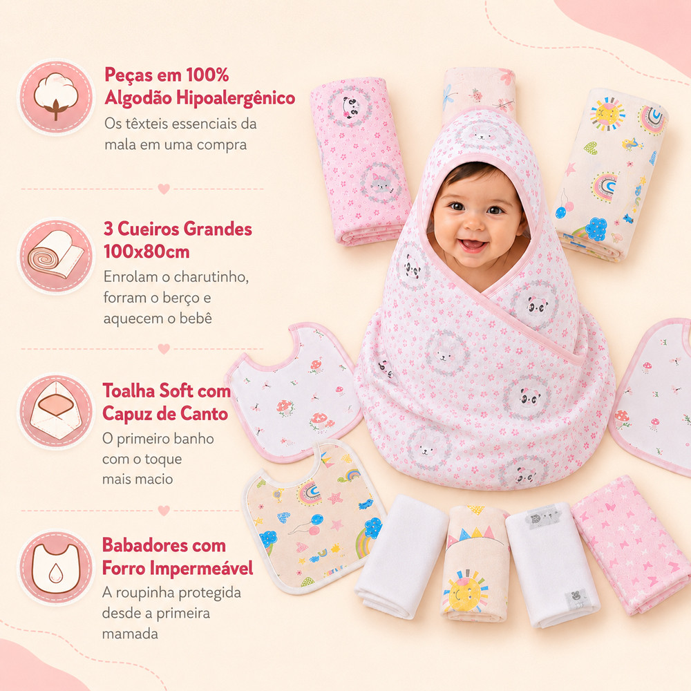 Kit Enxoval Maternidade Bebê Com 11 Peças Em Algodão Hipoalergênico Estampa Amiguinhos