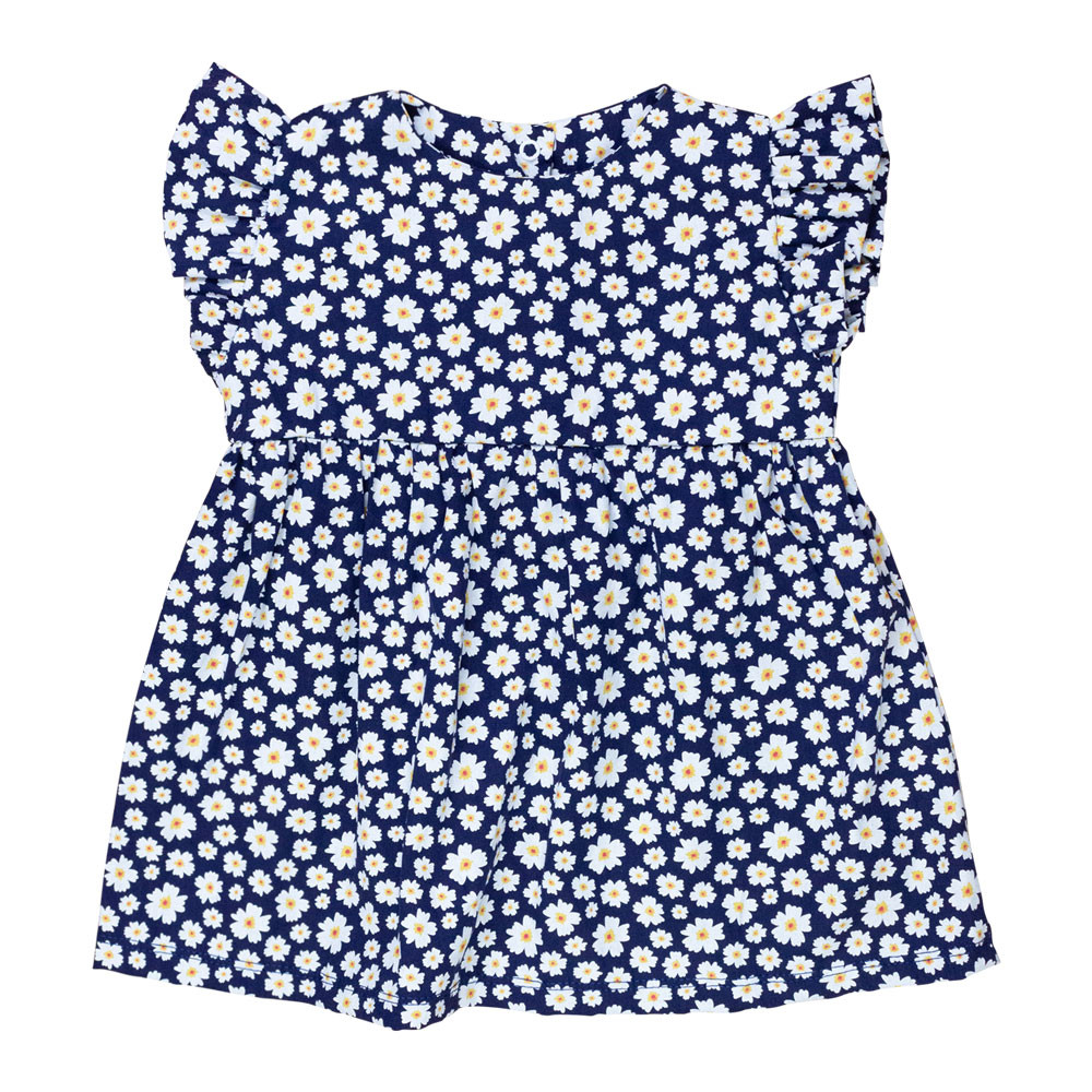VESTIDO PARA BEBÊ EM TRICOLINE MANGA CURTA FLORZINHAS MARINHO