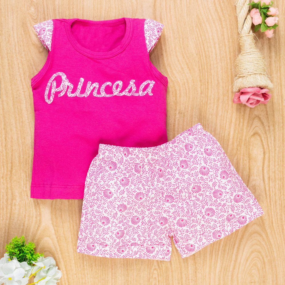 CONJUNTO CURTO REGATA E SHORT PARA BEBÊ ESTAMPA PRINCESA PINK