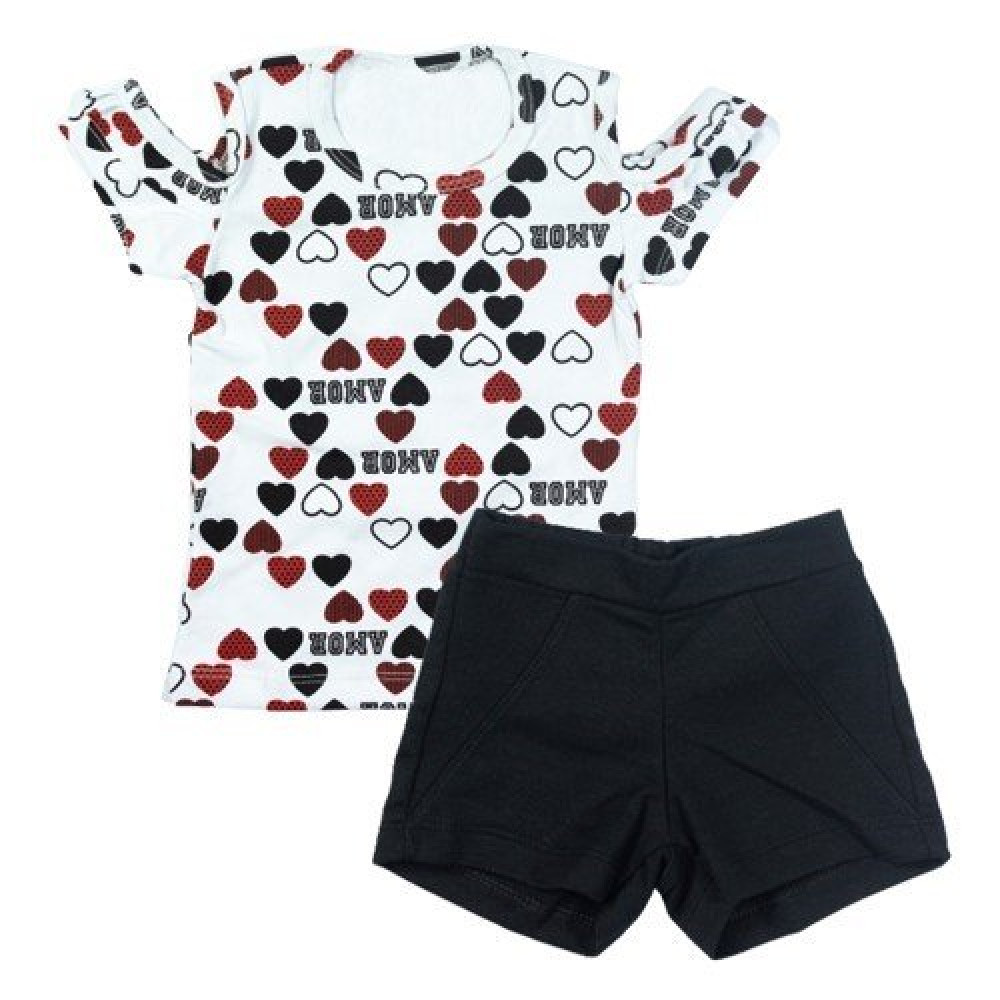 CONJUNTO CURTO BLUSA E SHORT INFANTIL ESTAMPA CORAÇÃO BRANCO