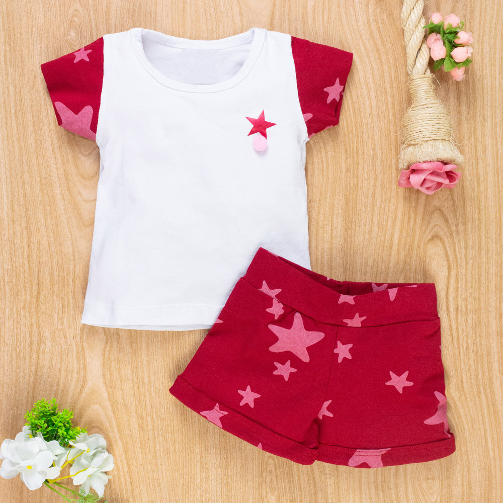 CONJUNTO CURTO BLUSA E SHORT PARA BEBÊ ESTAMPA STAR BRANCO