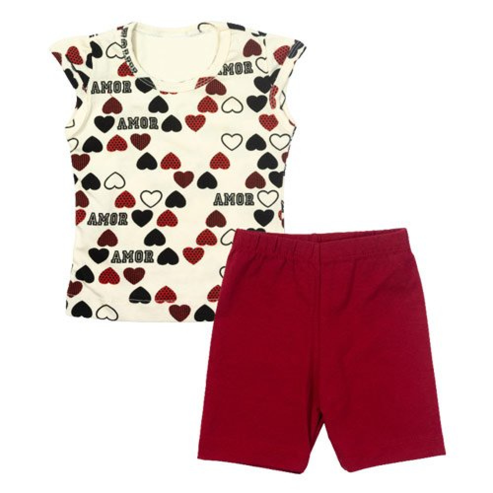 CONJUNTO CURTO BLUSA E BERMUDA PARA BEBÊ ESTAMPA AMOR CREME