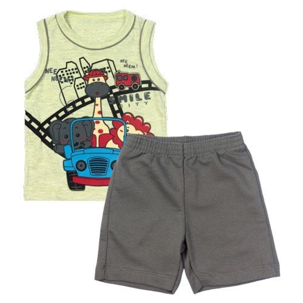 CONJUNTO CURTO REGATA E BERMUDA PARA BEBÊ ESTAMPA SAFARI AMARELO
