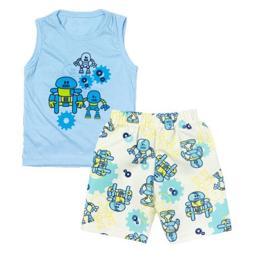 CONJUNTO CURTO REGATA E BERMUDA PARA BEBÊ ESTAMPA ROBÔ AZUL CLARO