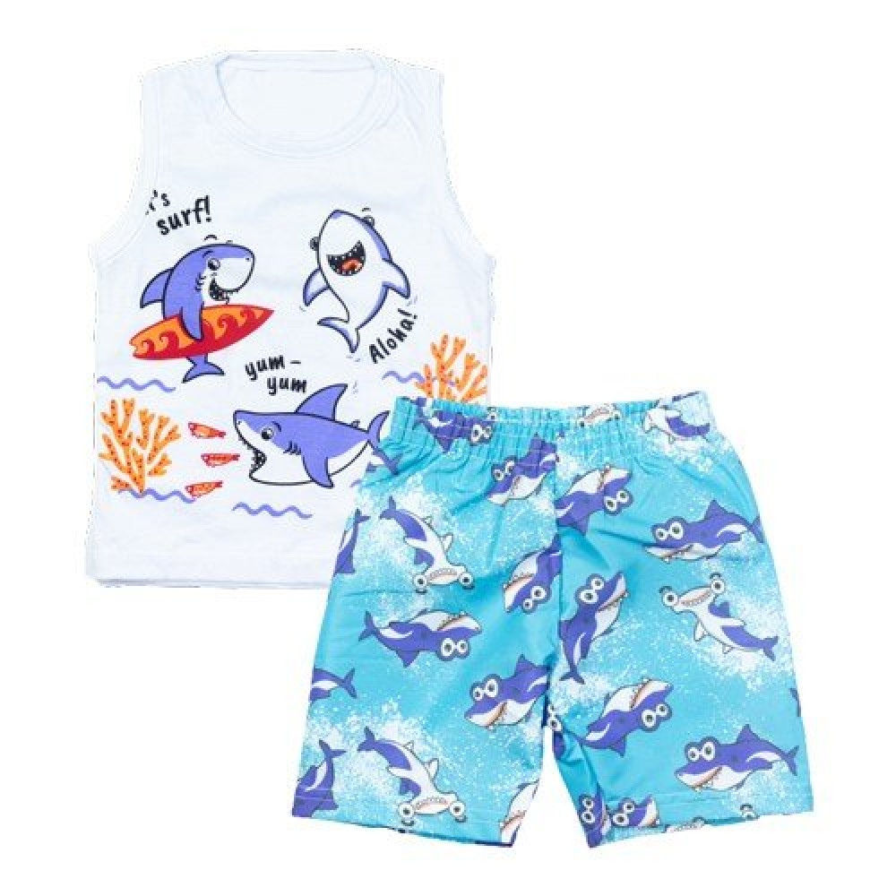 CONJUNTO CURTO REGATA E BERMUDA PARA BEBÊ ESTAMPA TUBARÃO BRANCO