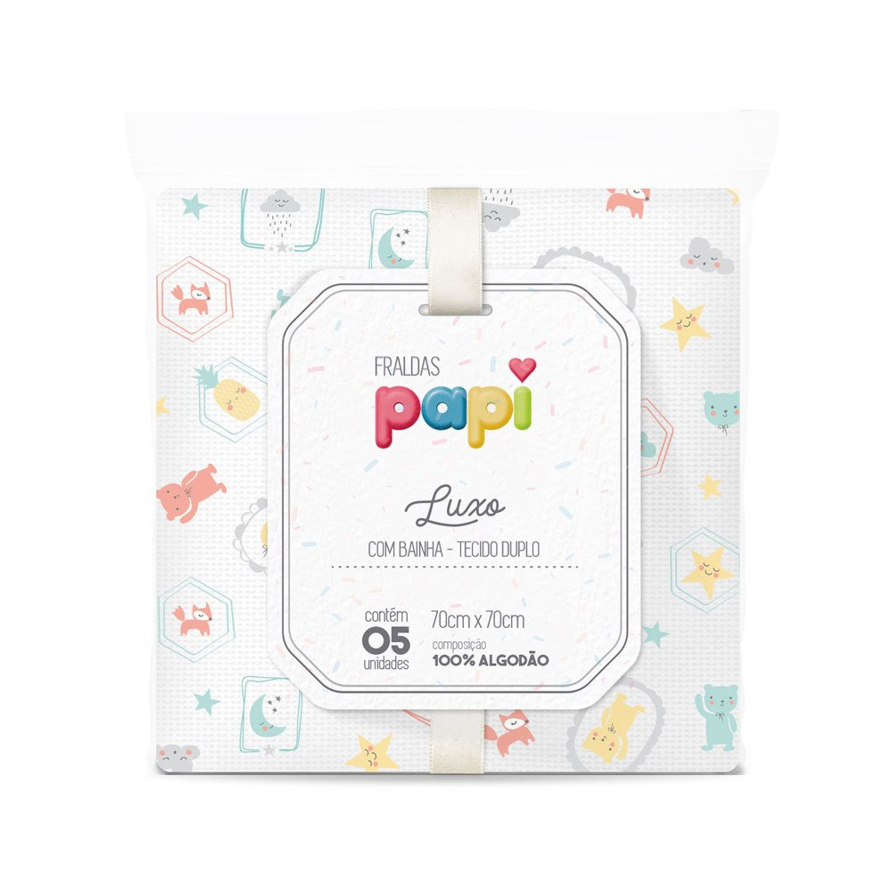 FRALDA DE PANO LUXO KIT 5 PEÇAS ESTAMPADINHA NEUTRO