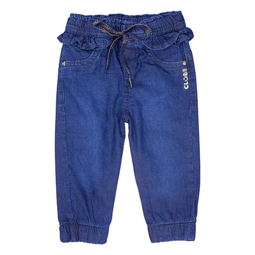 CALÇA JEANS PARA BEBÊ MENINA DETALHE EM BABADINHO