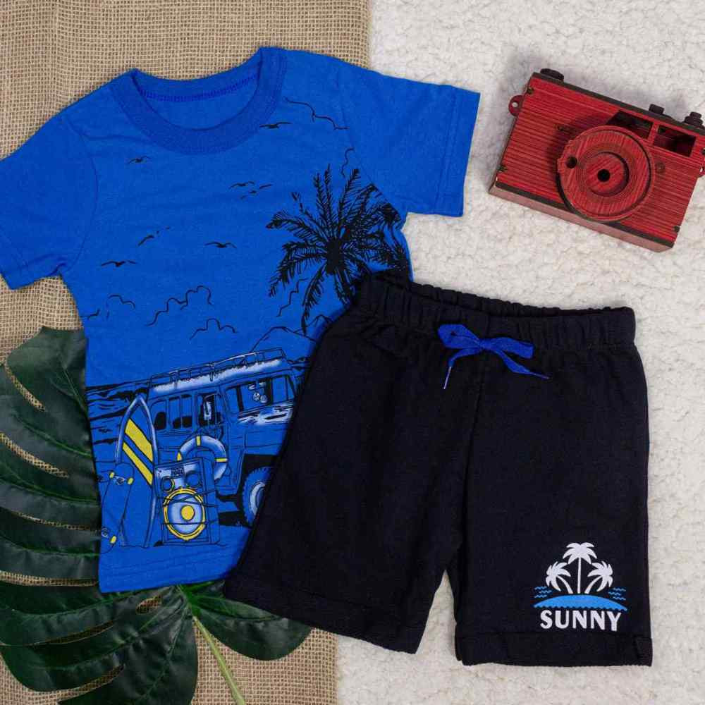 CONJUNTO CURTO CAMISETA E BERMUDA INFANTIL ESTAMPA SUNNY ROYAL