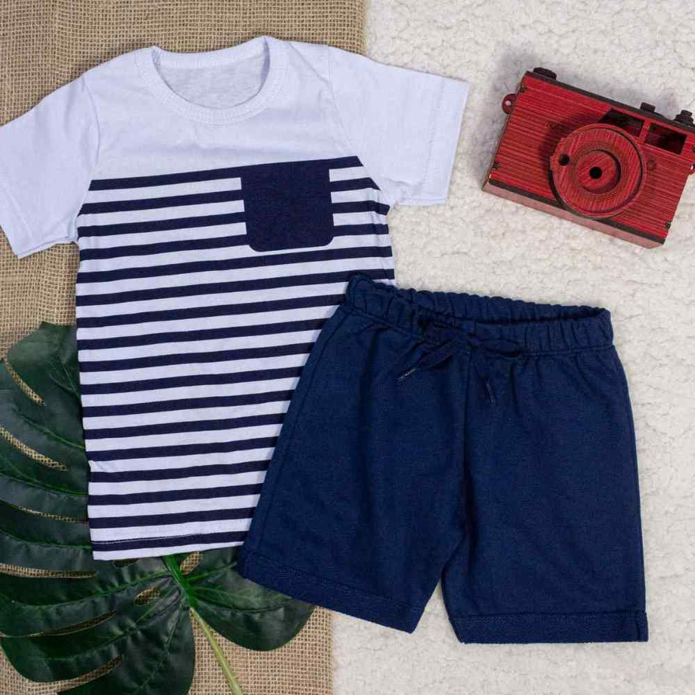 CONJUNTO CURTO CAMISETA E BERMUDA INFANTIL LISTRADO BRANCO