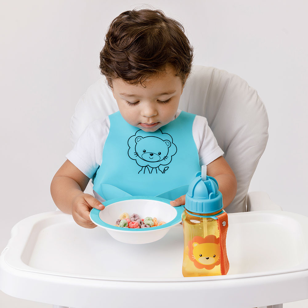 BABADOR DE SILICONE COM CINTO PEGA MIGALHAS PARA BEBÊ LEÃO TURQUESA