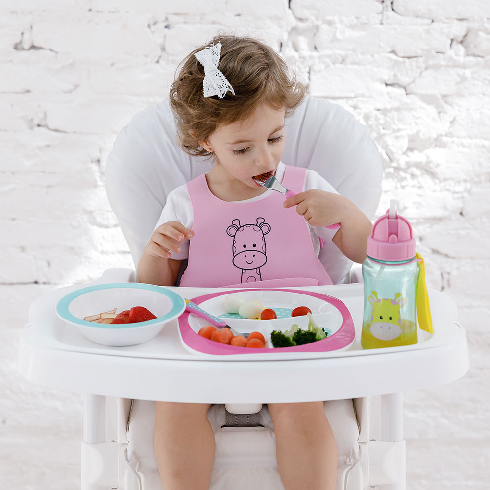 BABADOR DE SILICONE COM CINTO PEGA MIGALHAS PARA BEBÊ GIRAFA ROSA