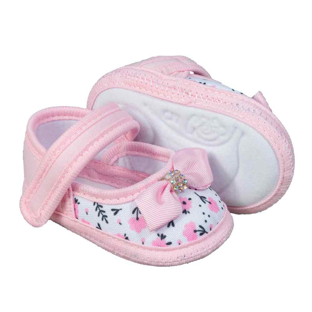 SAPATILHA COM VELCRO PARA BEBÊ MENINA ESTAMPADINHA FLORES ROSA CLARO