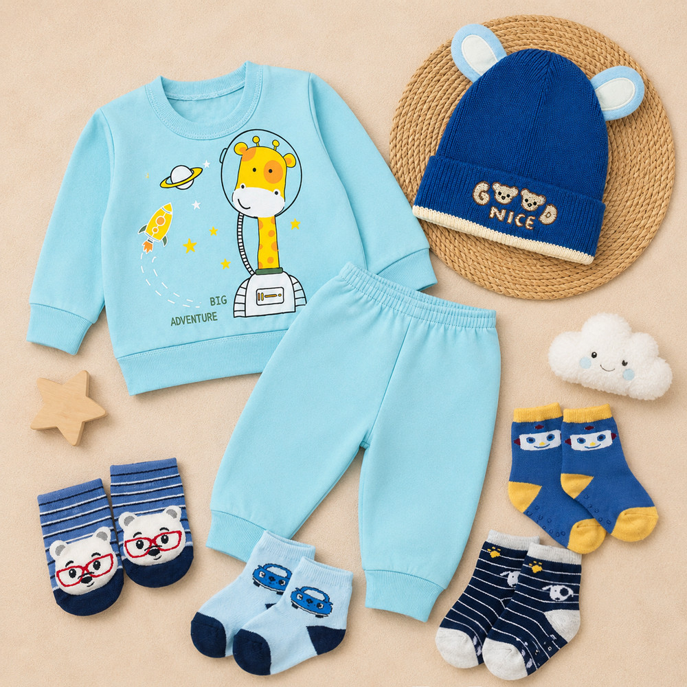 Kit Inverno Bebê 7 Peças Conjunto Moletom Touca Pantufa Meias Azul de 0 a 12 Meses