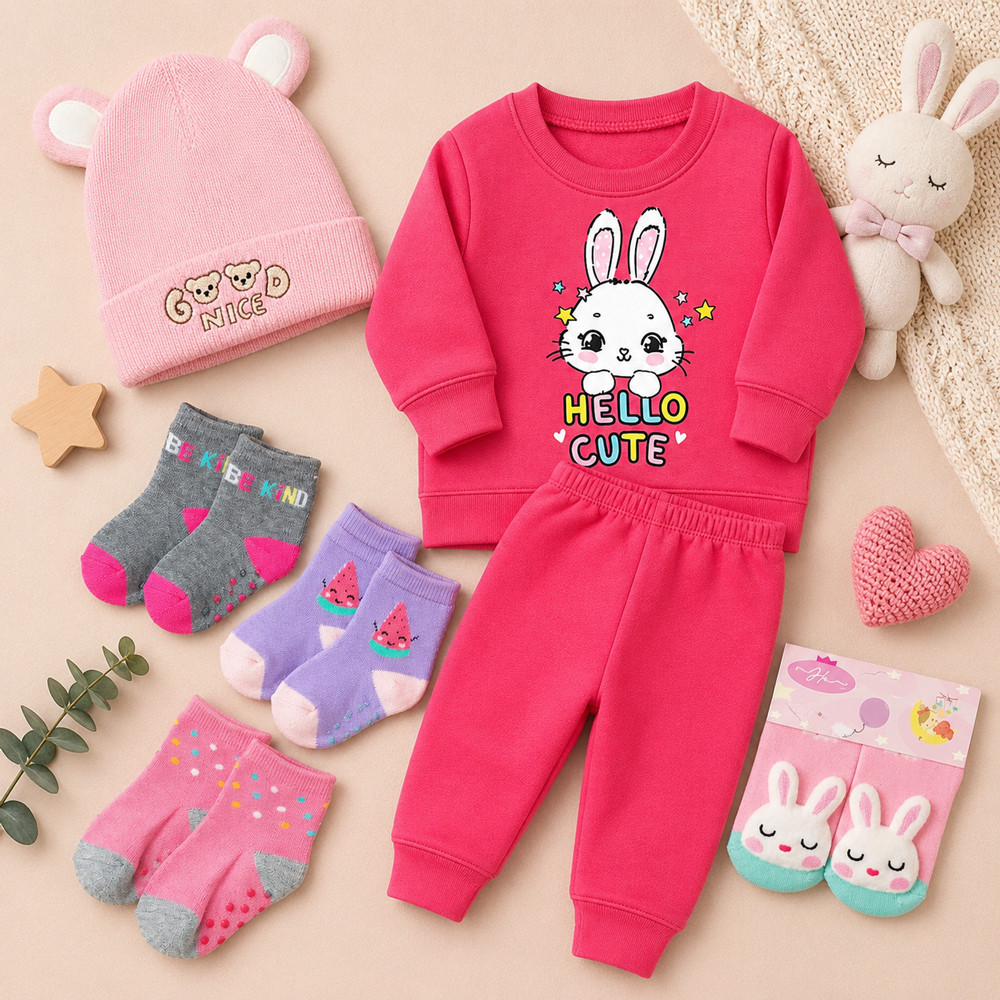 Kit Inverno Bebê 7 Peças Conjunto Moletom Touca Pantufa Meias Cereja de 0 a 12 Meses